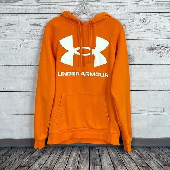 Under Armour Sweatshirt Womens Medium Orange Logo Cold Gear Hoodie Pull Over - Picture 1 of 9